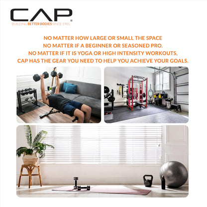 Advertisement for CAP fitness equipment with text and images of a home gym setup.