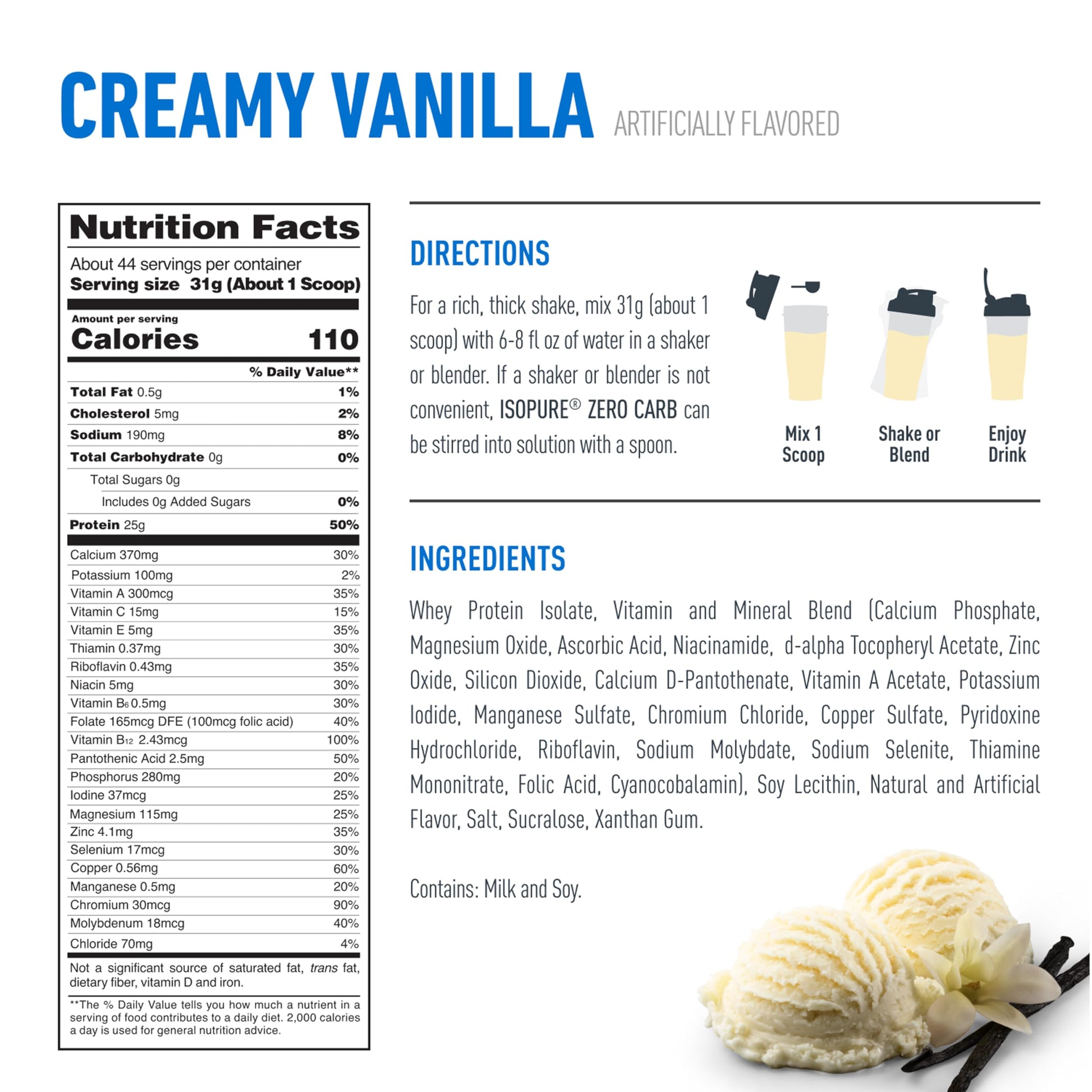 Nutrition facts, directions, and ingredients for creamy vanilla flavor with a scoop of ice cream.
