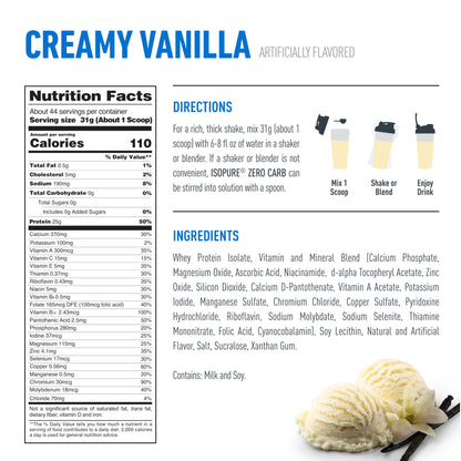 Nutrition facts, directions, and ingredients for creamy vanilla flavor with a scoop of ice cream.