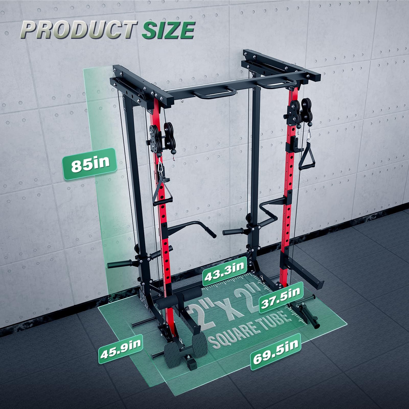 Gym power rack with measurement labels on a tiled floor