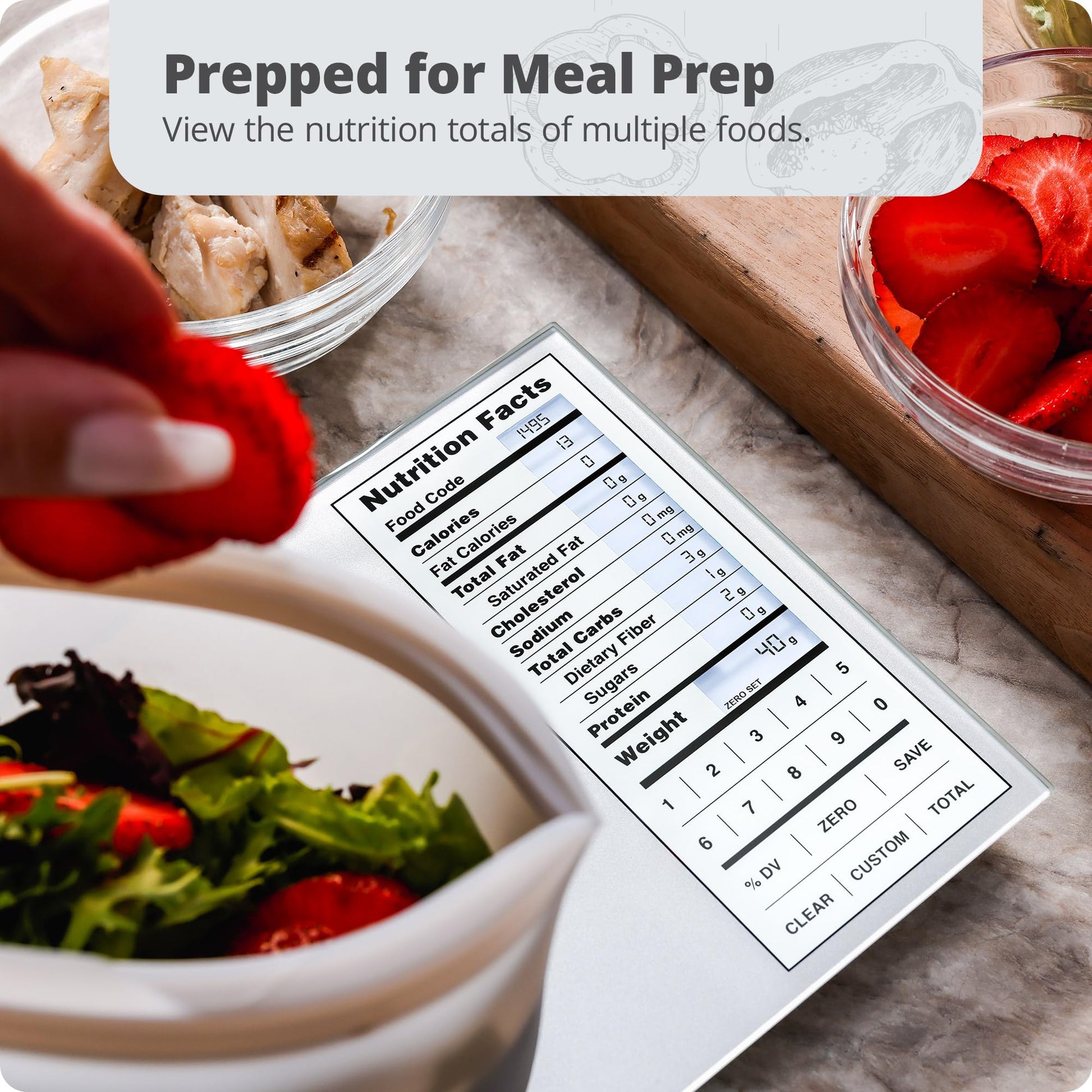 Nutrition label overlay on a meal prep scene with bowls of food.