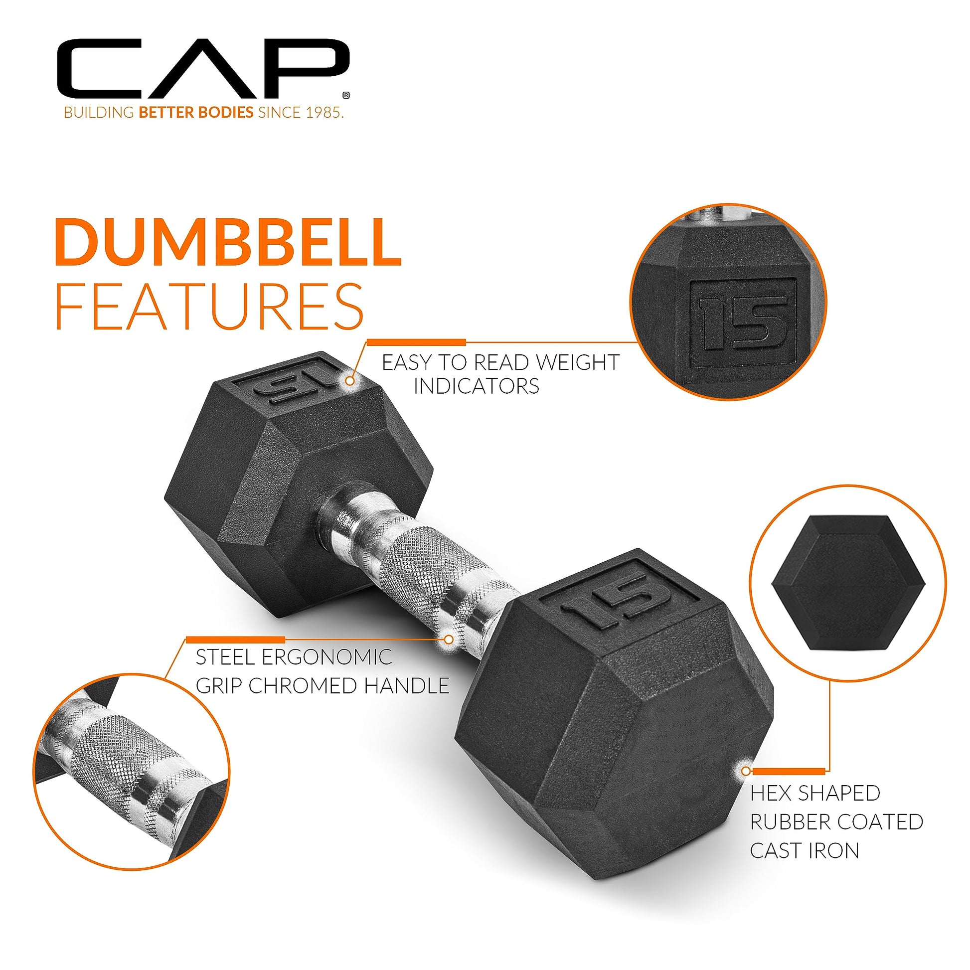 CAP dumbbell with features highlighted on a white background