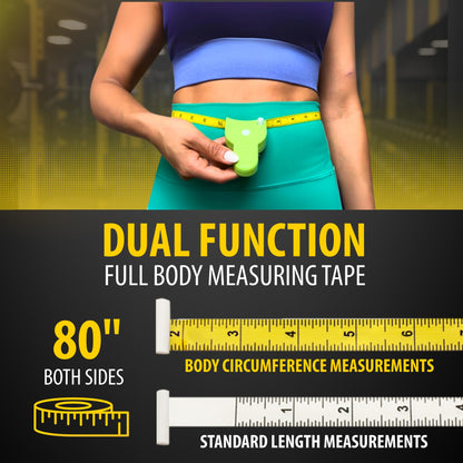 Person wearing a blue top and green shorts with a yellow measuring tape around their waist, against a blurred indoor background.