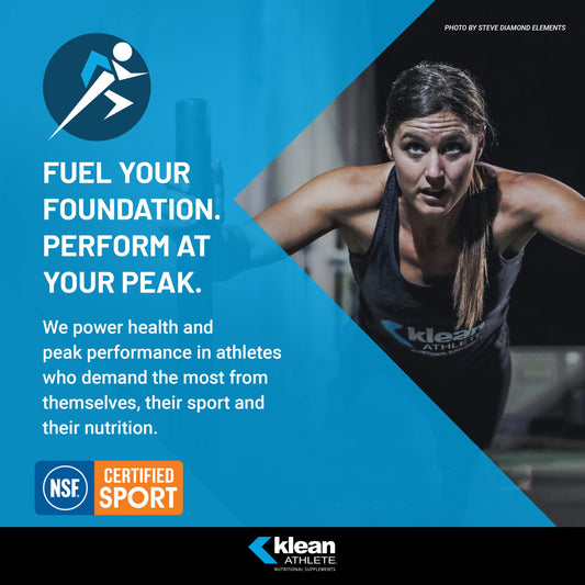 Advertisement for Klean Athlete with a woman exercising and promotional text on a blue background.