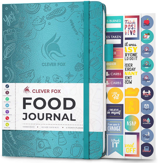 Teal food journal with stickers on a white background