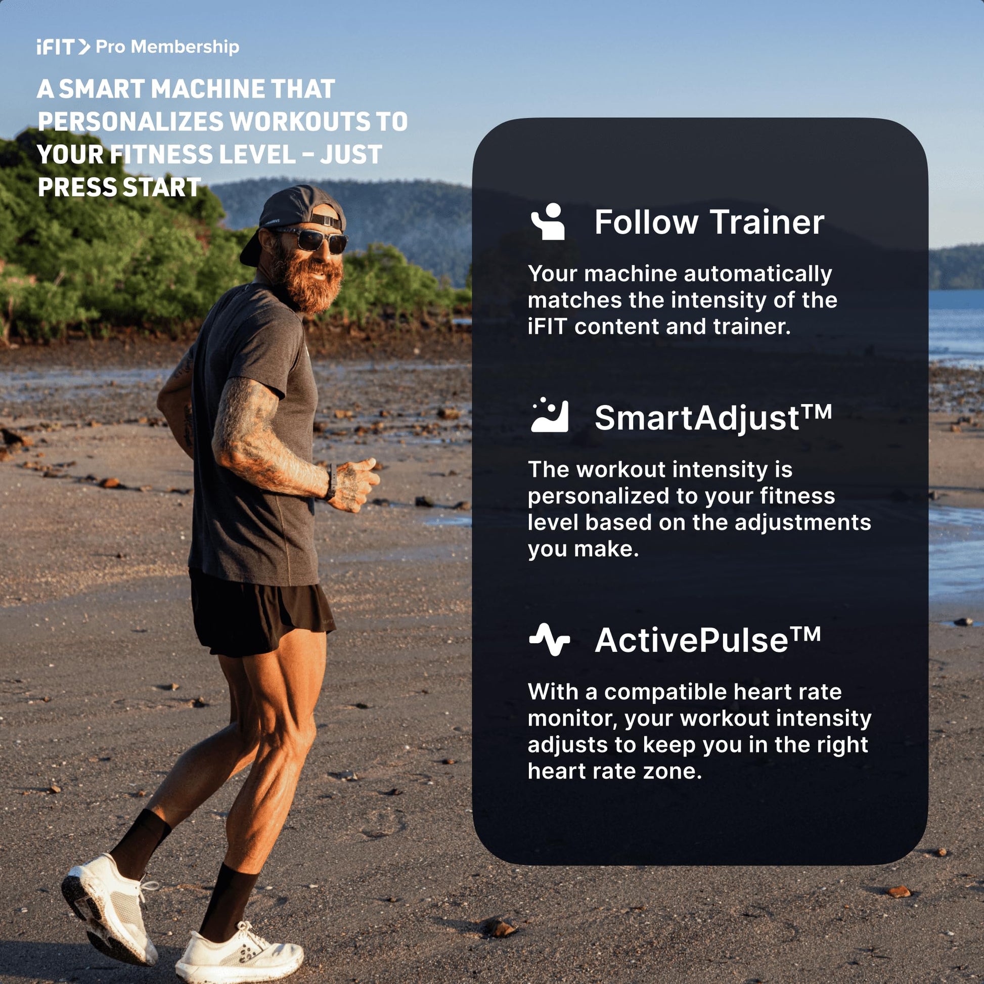 Man running on a beach with iFit promotional text overlay