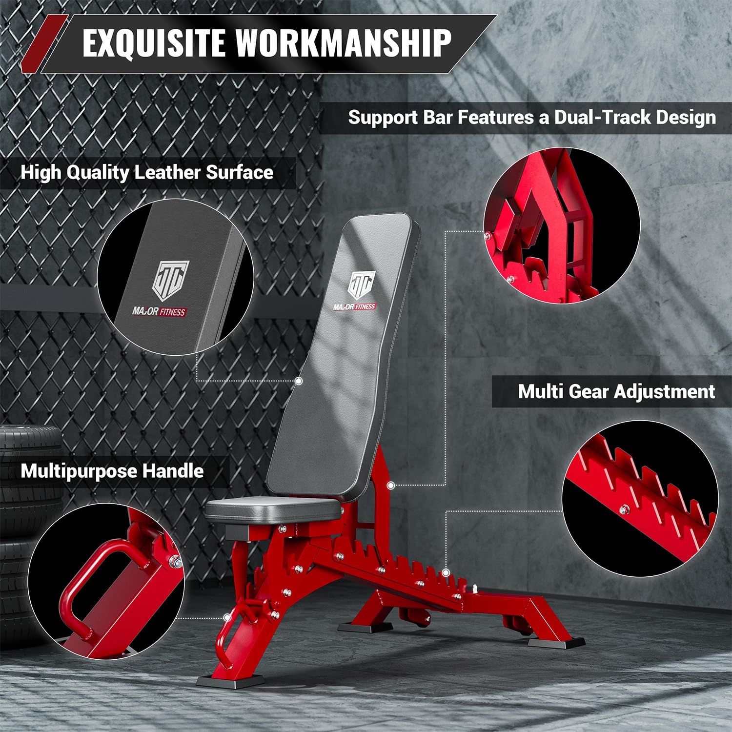 Red and gray weight bench with features highlighted on a textured background