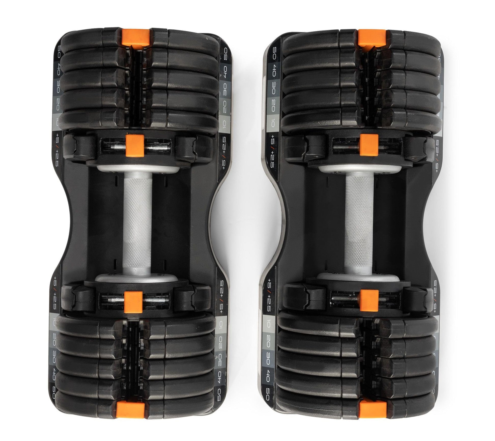 Pair of black and orange dumbbells on a white background