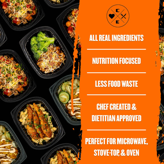 Prepared meals in black containers with an orange label detailing product features.