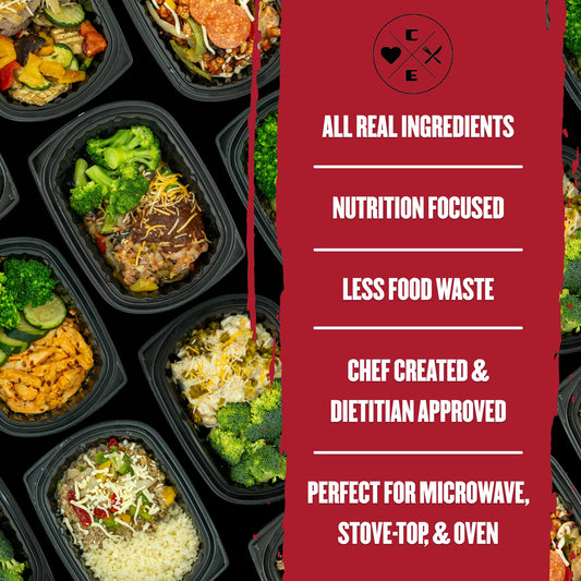 Prepared meals in black containers with a red text box listing benefits on a red background