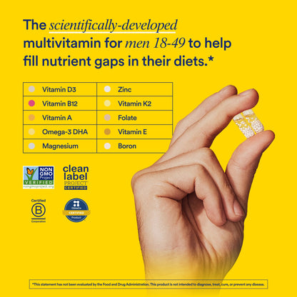 Multivitamin supplement being held in a hand with product details on a yellow background