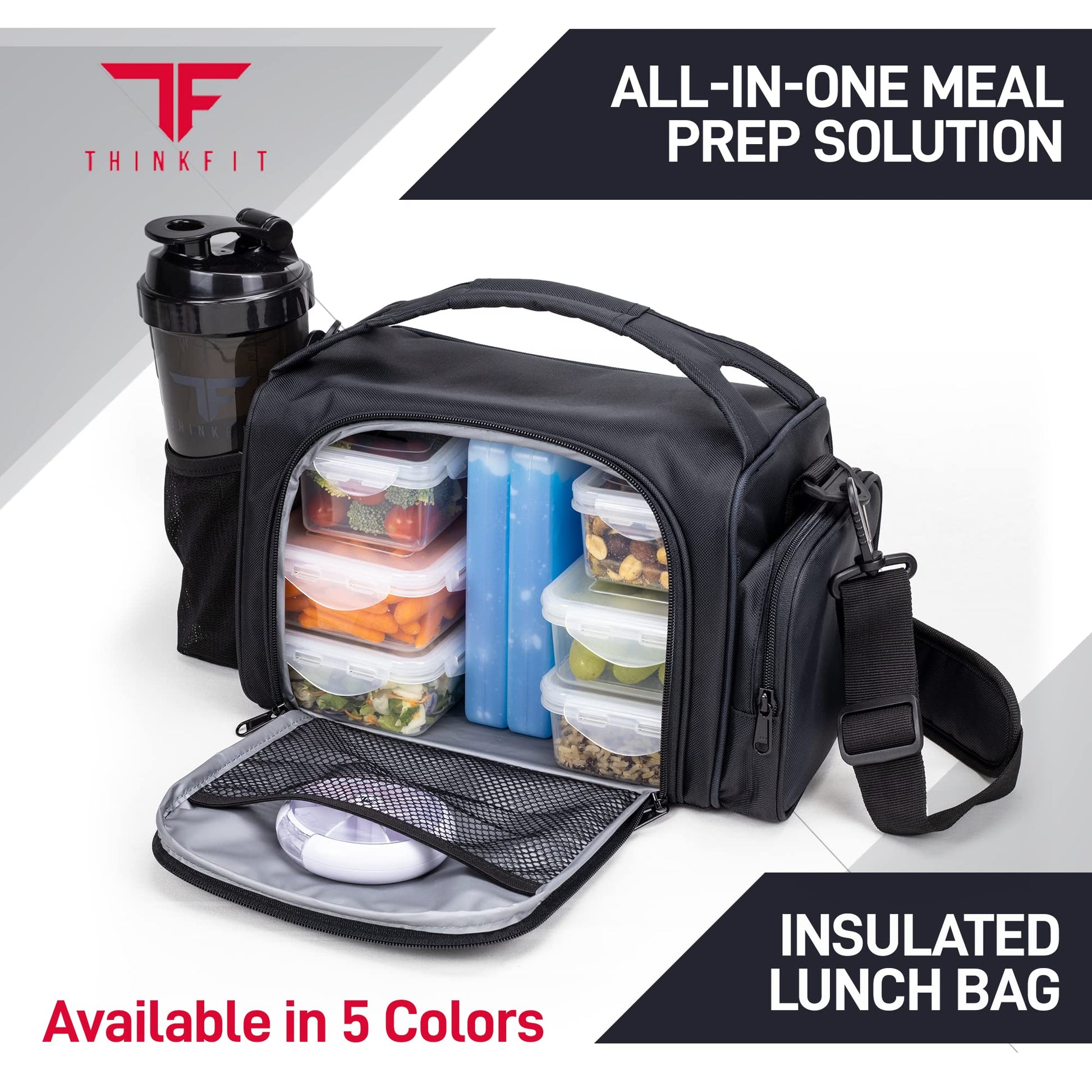 Black insulated lunch bag with compartments containing food and a shaker bottle, featuring the ThinkFit brand.