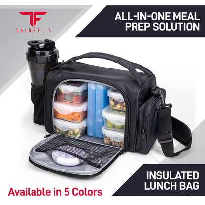 Black insulated lunch bag with compartments containing food and a shaker bottle, featuring the ThinkFit brand.