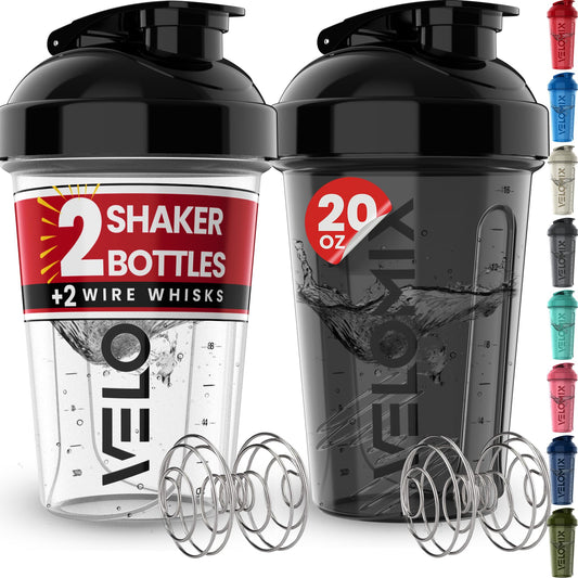 Two black shaker bottles with clear containers, including a red label and '2 Shaker Bottles + 2 Wire Whisks' text, on a white background.
