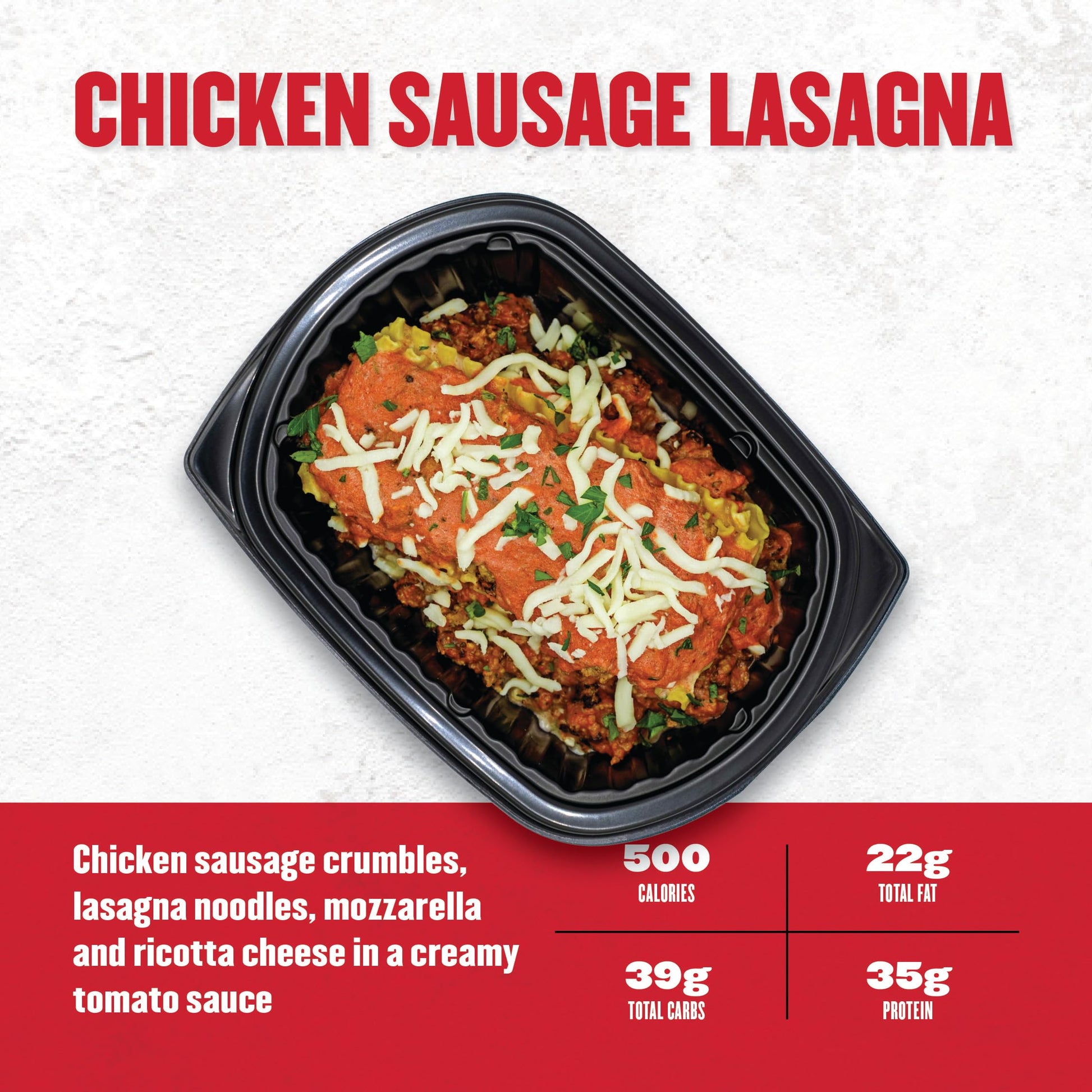 Packaged chicken sausage lasagna with nutritional information on a white background