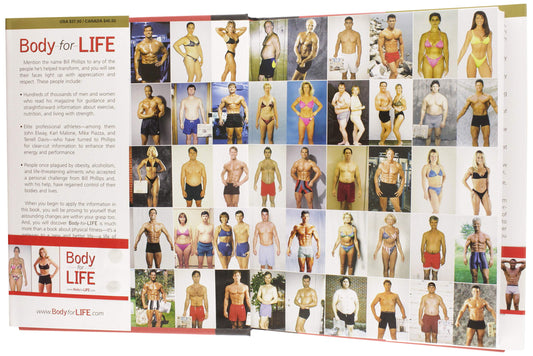 Magazine or book with images of people in various poses and clothing, titled 'Body for LIFE'.