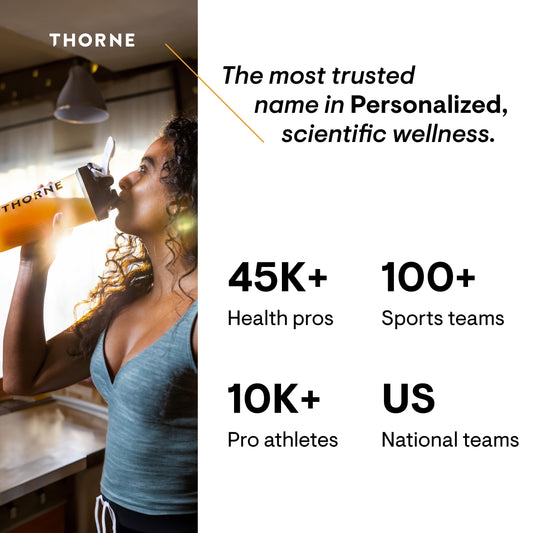 Woman drinking a supplement with Thorne branding and statistics about personalized wellness.
