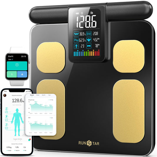 Digital body fat scale with smartphone app interface, displaying weight and body composition data.