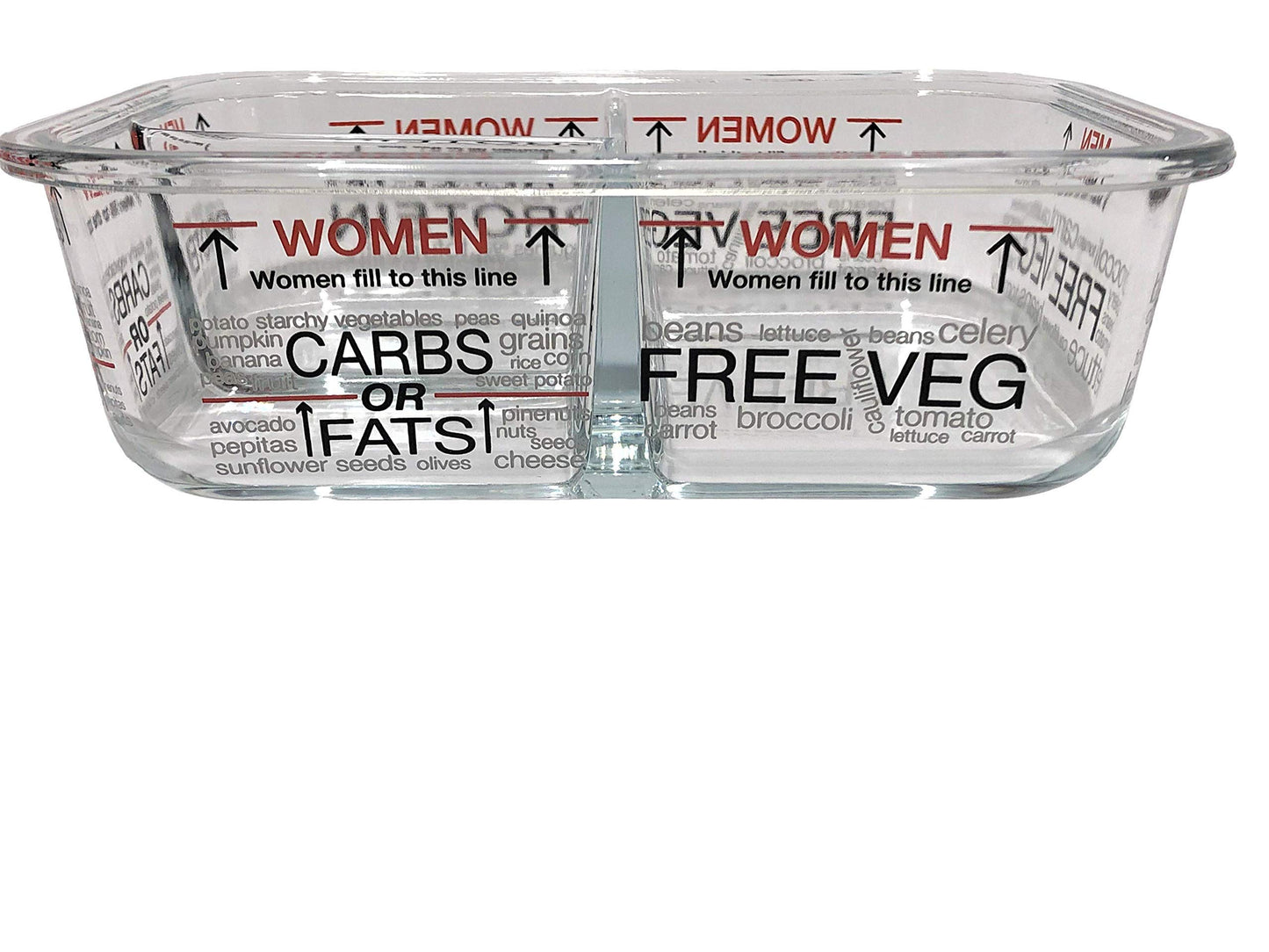 Clear glass container with nutritional labels for women on a white background
