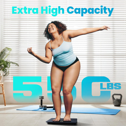Woman standing on a scale with 'Extra High Capacity' and '500 LBS' text in a home setting.