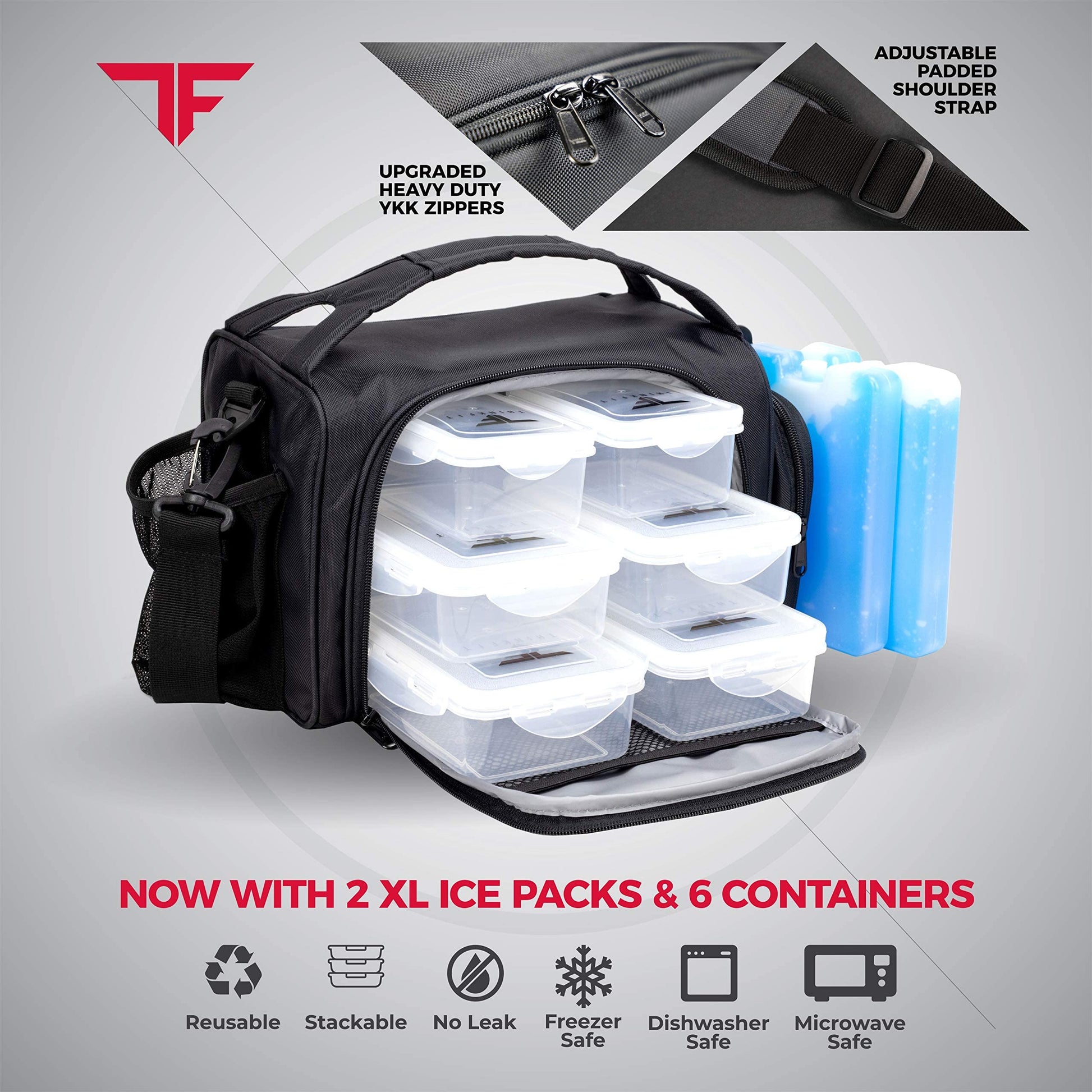 Black cooler bag with containers and ice packs on a gray background