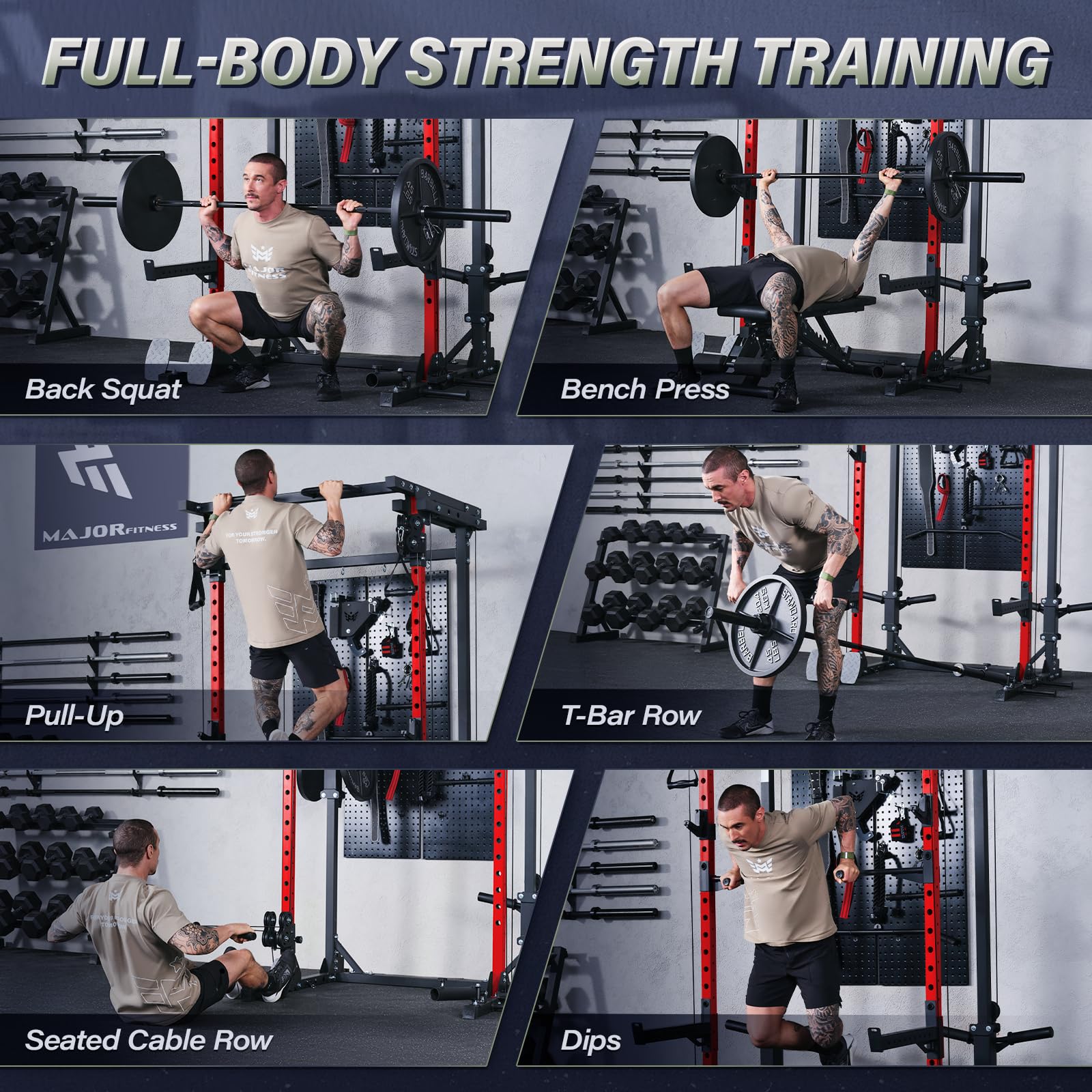 Collage of a person performing various full-body strength training exercises in a gym.