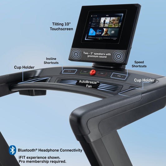 Treadmill with a tilting 10-inch touchscreen display on a blue background