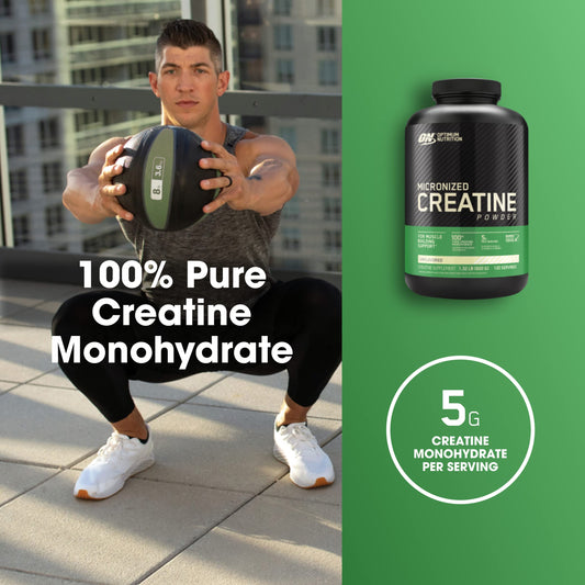 Man exercising outdoors with a supplement container labeled 'Optimum Nutrition Micronized Creatine Powder' on a green background.
