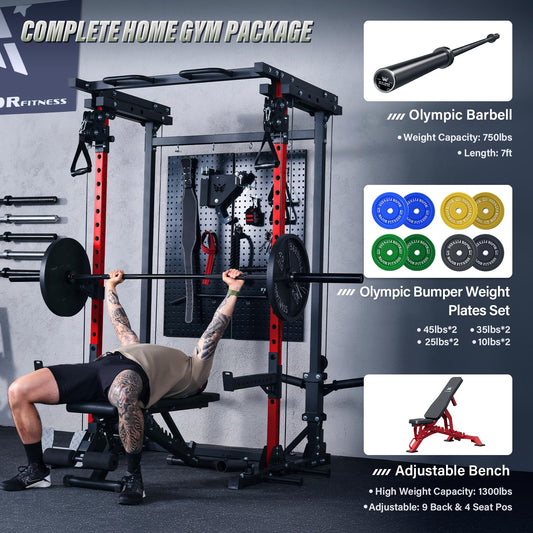 Home gym package with equipment including a power rack, barbell, bumper plates, and bench.