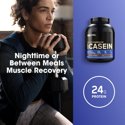 Woman exercising with a protein supplement container labeled 'Gold Standard 100% Casein' on a blue background.