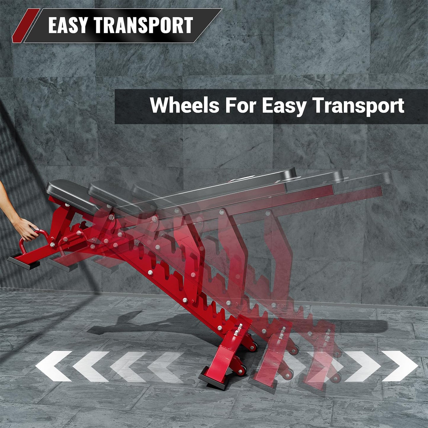 Red mechanical device with wheels for easy transport on a gray floor.