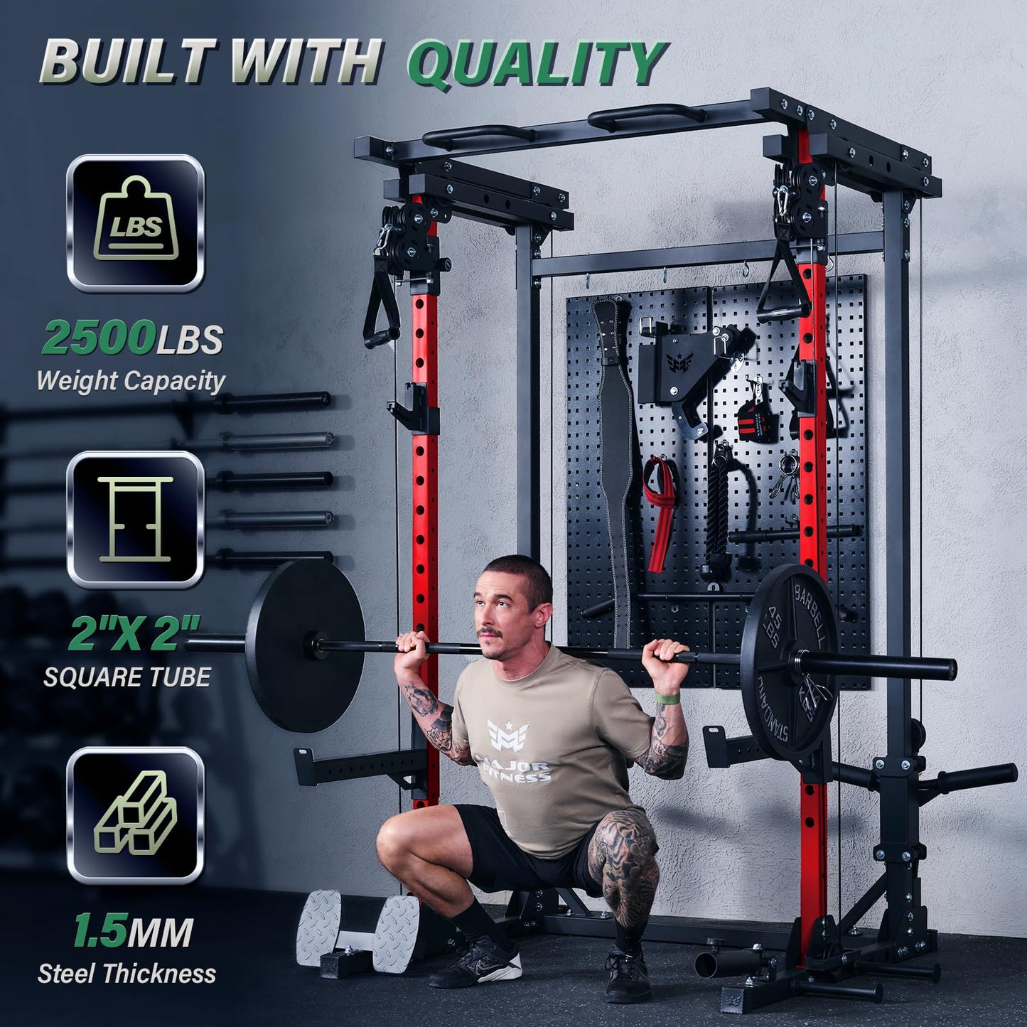Man lifting weights on a gym machine with text highlighting specifications.