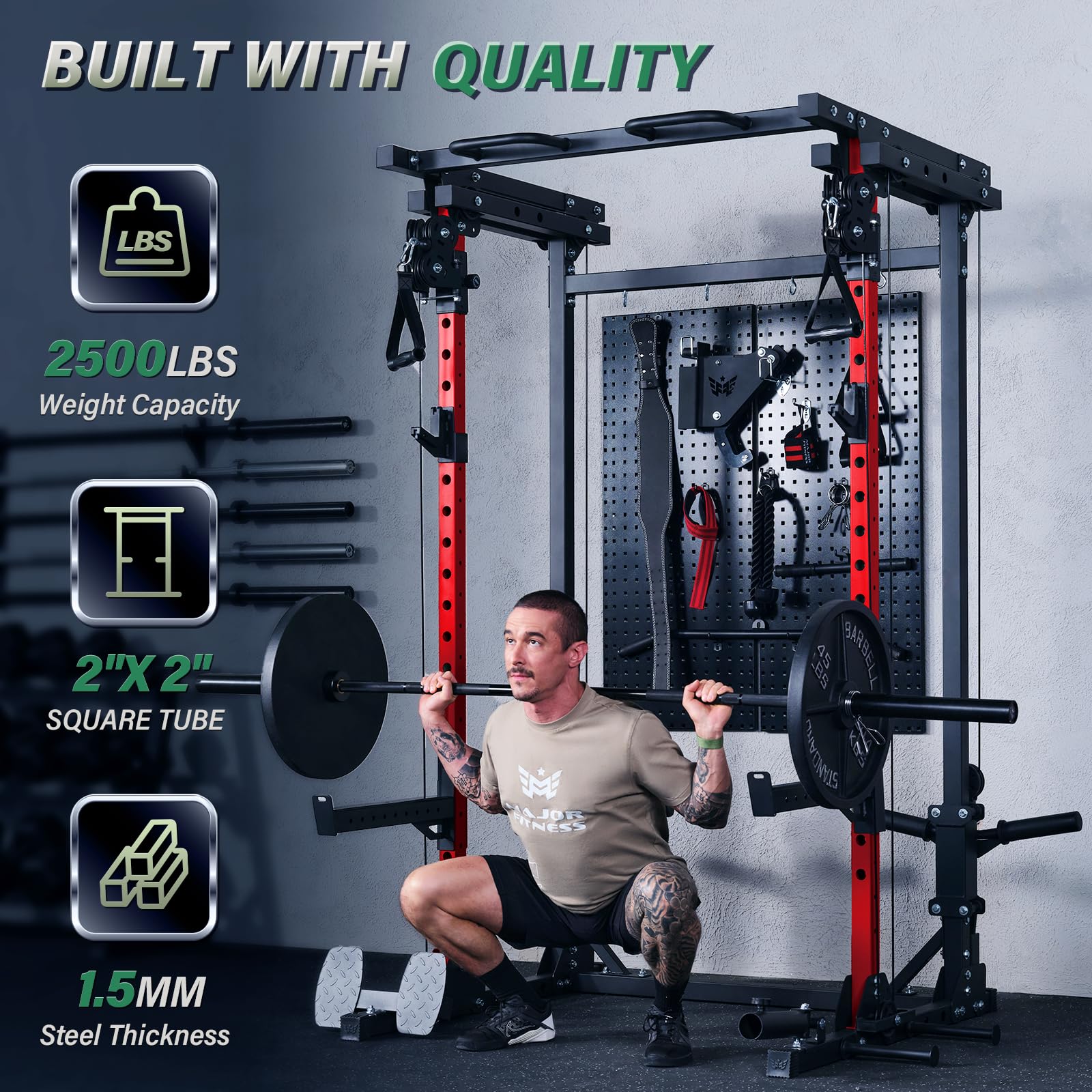 Man lifting weights on a gym machine with text highlighting specifications.