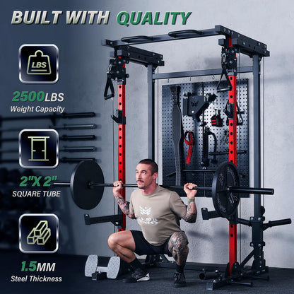 Man lifting weights on a gym machine with text highlighting specifications.