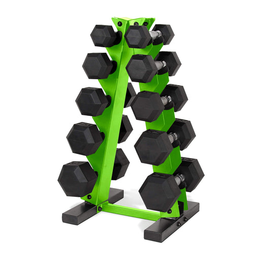 Green and black dumbbell rack with hexagonal dumbbells on a white background