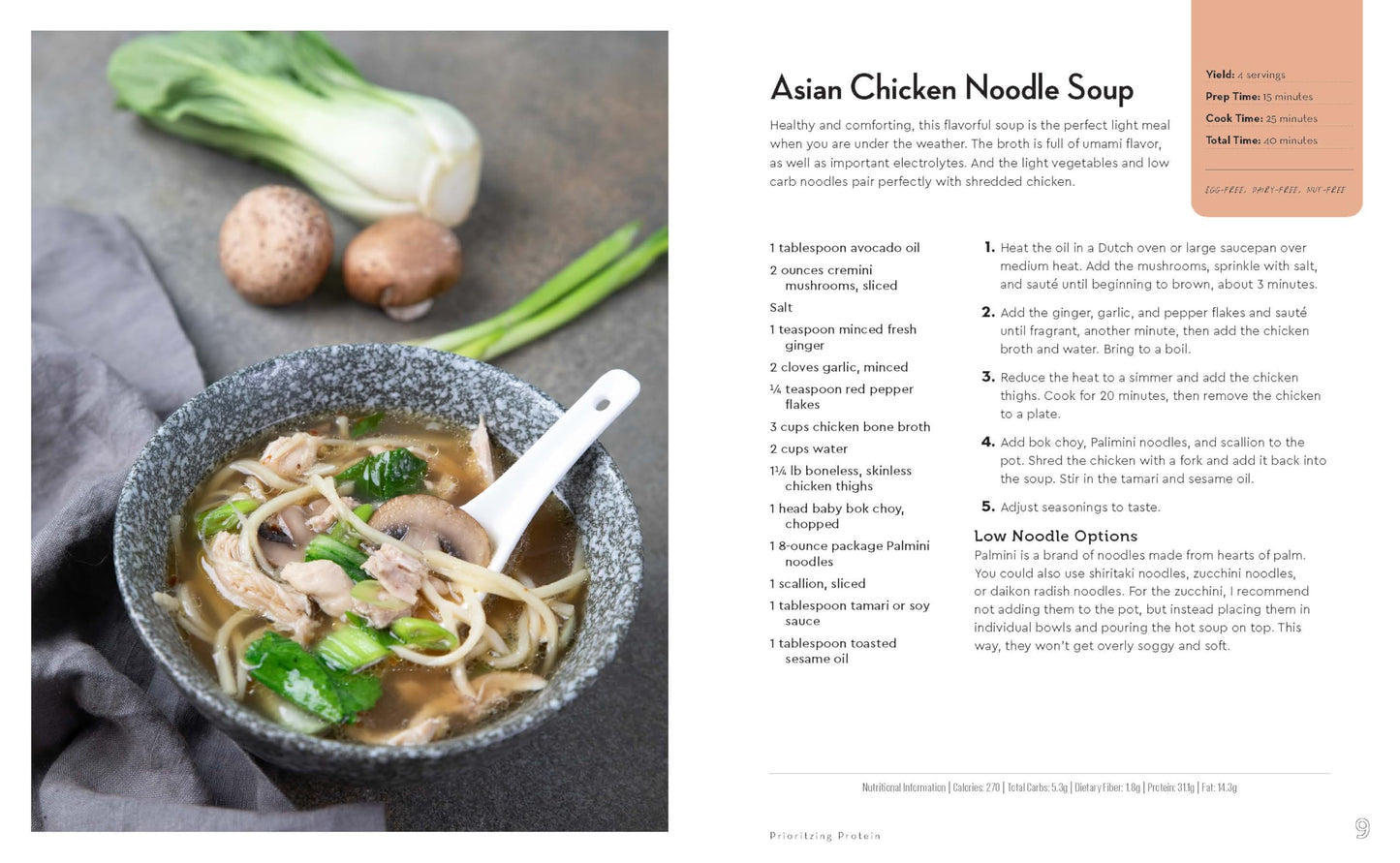Bowl of Asian Chicken Noodle Soup with recipe text on a magazine page