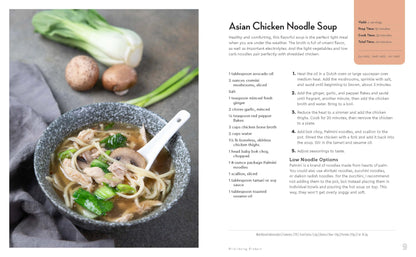 Bowl of Asian Chicken Noodle Soup with recipe text on a magazine page