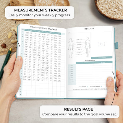 Measurement tracker book held open with text indicating its use for monitoring weekly progress and comparing results.
