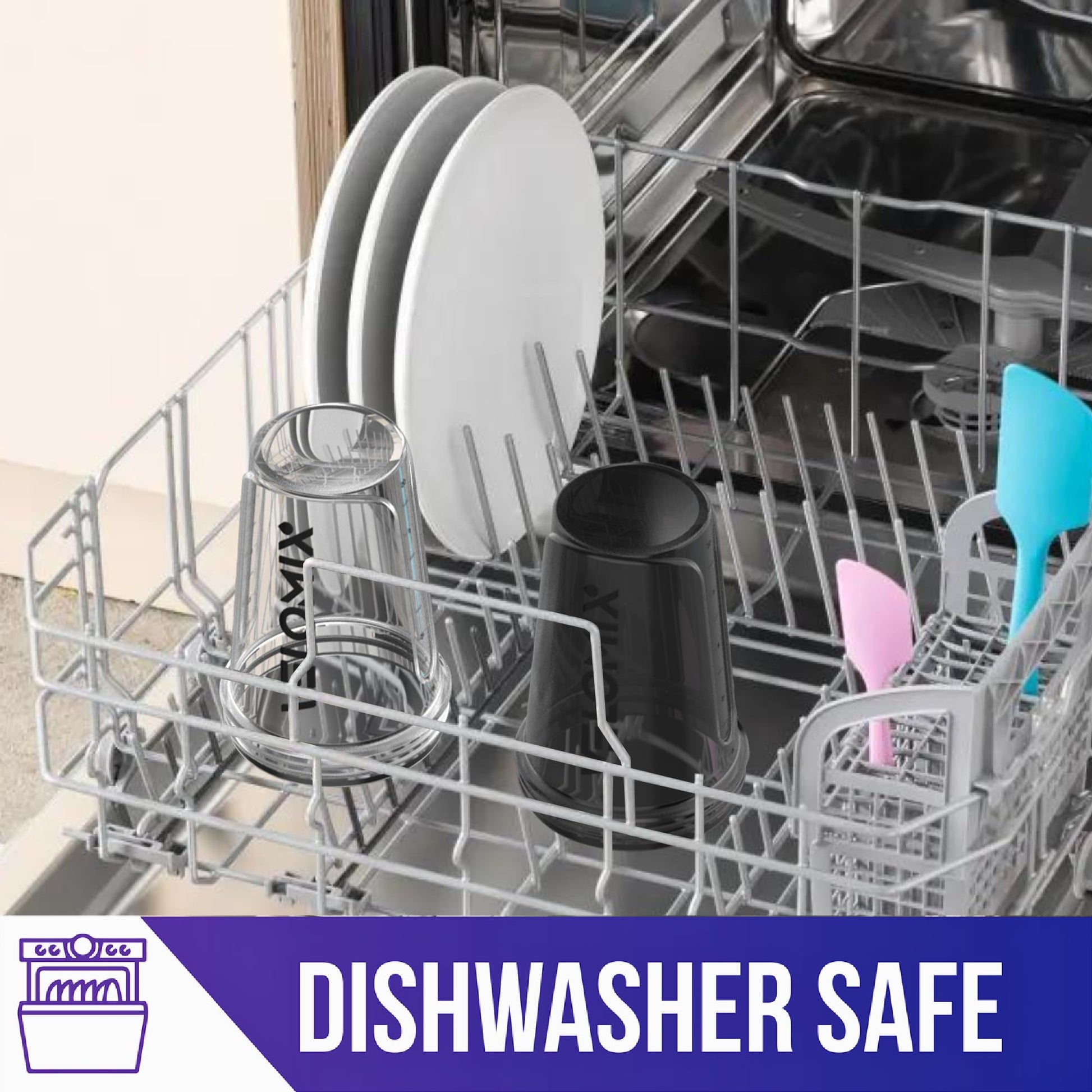 Dishwasher with clean dishes and utensils, featuring a 'Dishwasher Safe' label.