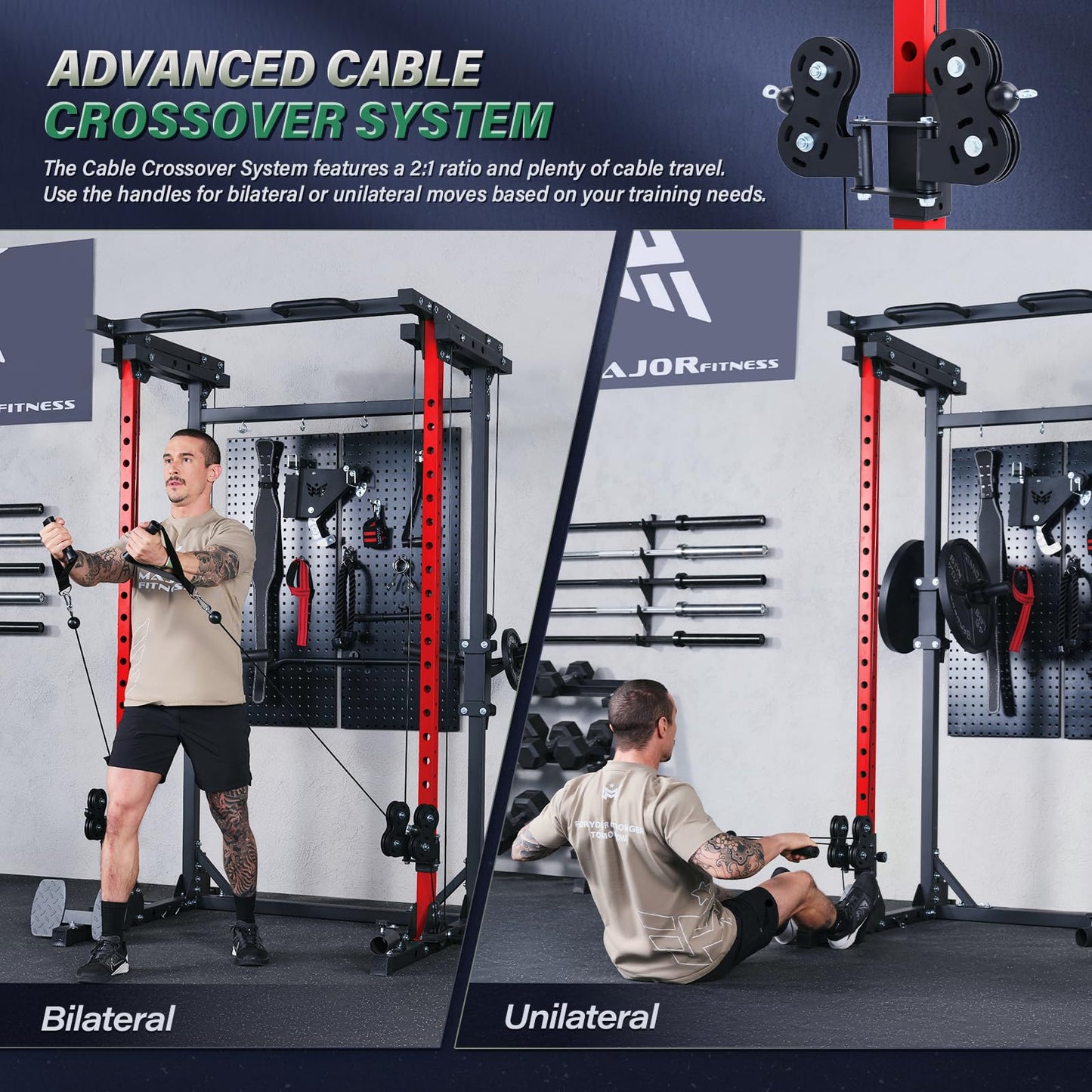 Gym setup with advanced cable crossover system showing bilateral and unilateral use.