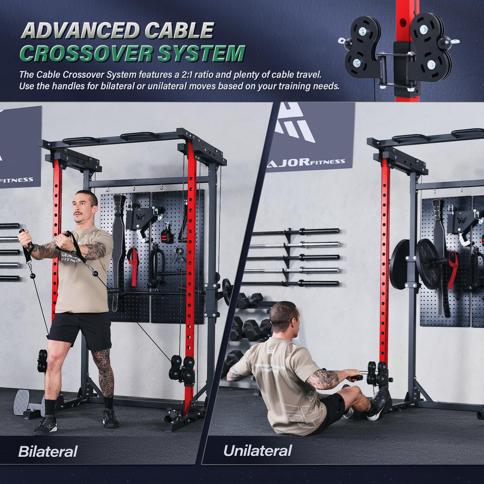 Gym setup with advanced cable crossover system showing bilateral and unilateral use.