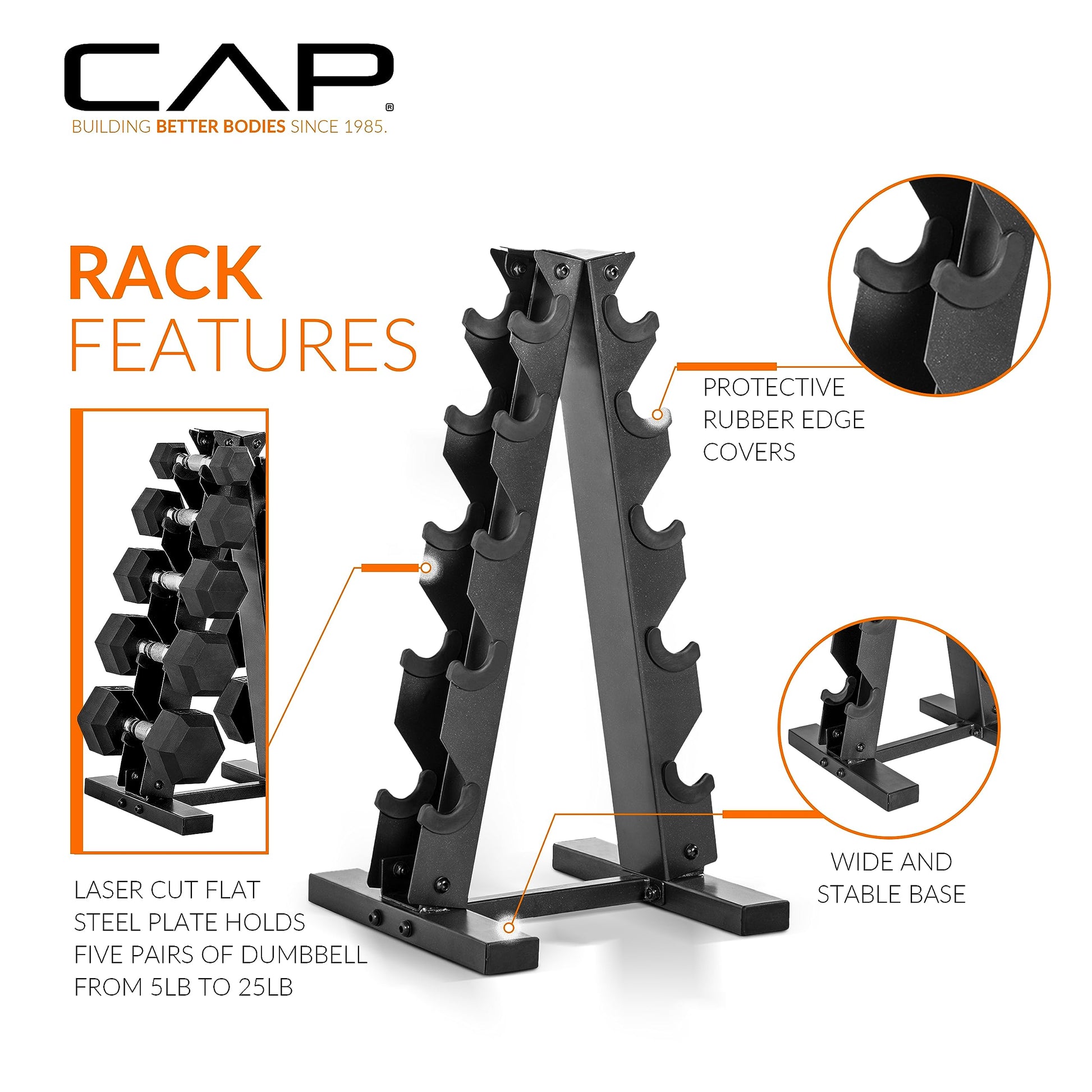 Dumbbell rack with CAP logo and features highlighted on a white background