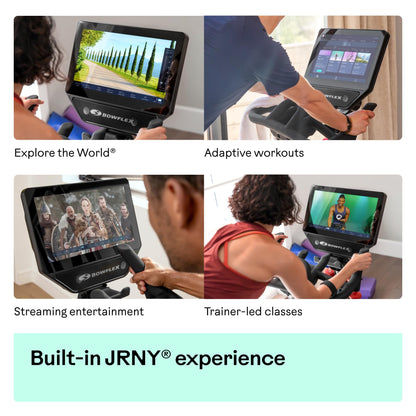 Fitness equipment with screens displaying various activities and text about features.