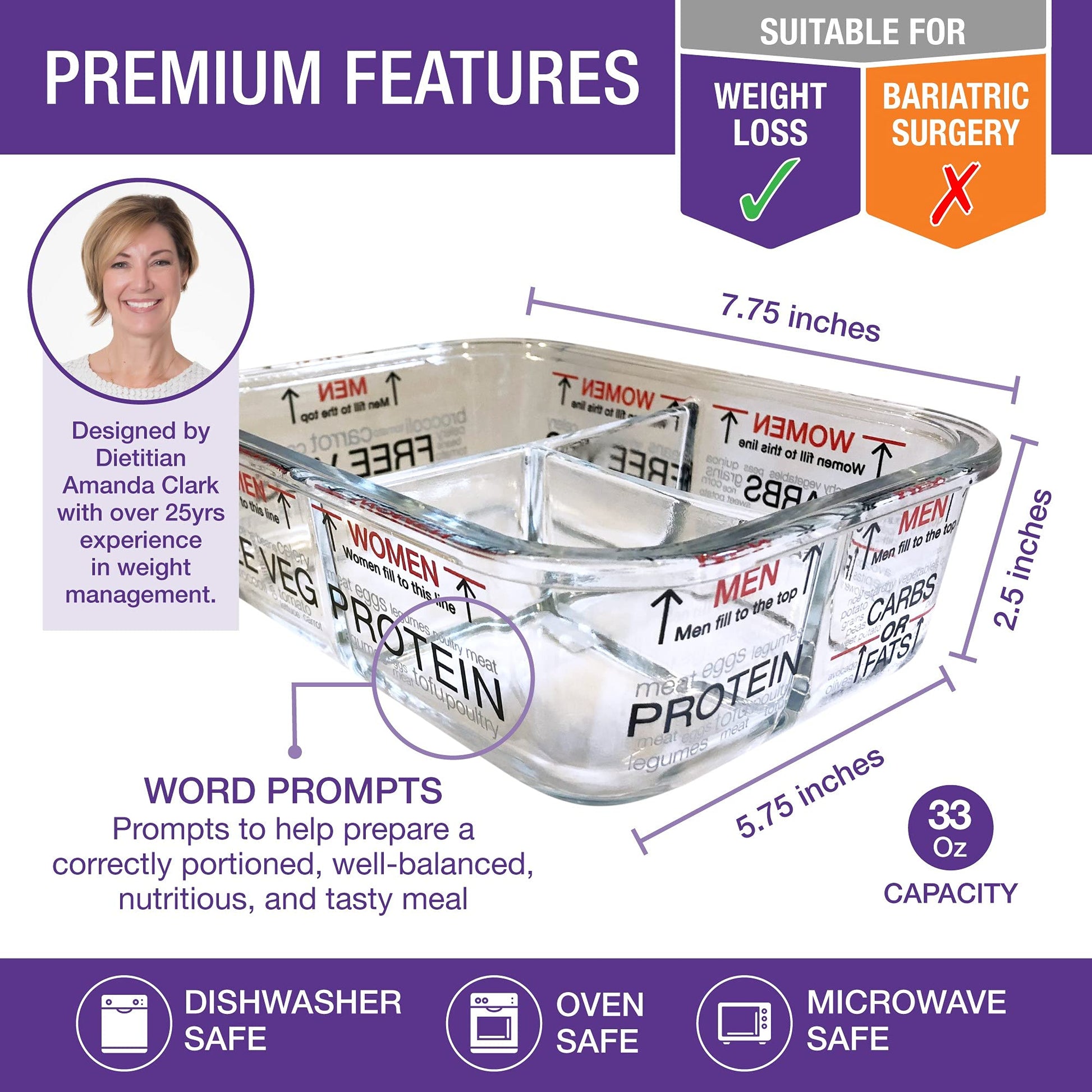 Meal prep container with features listed on a white background