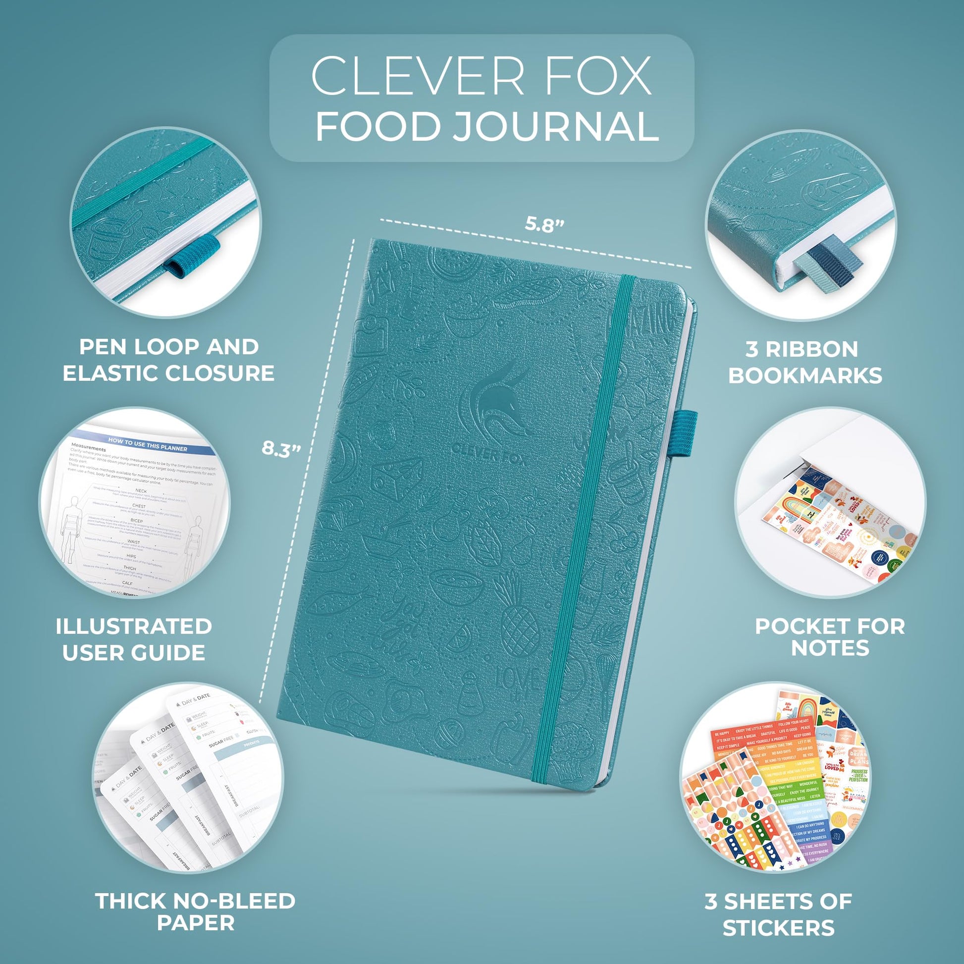 Teal food journal with features highlighted on a blue background