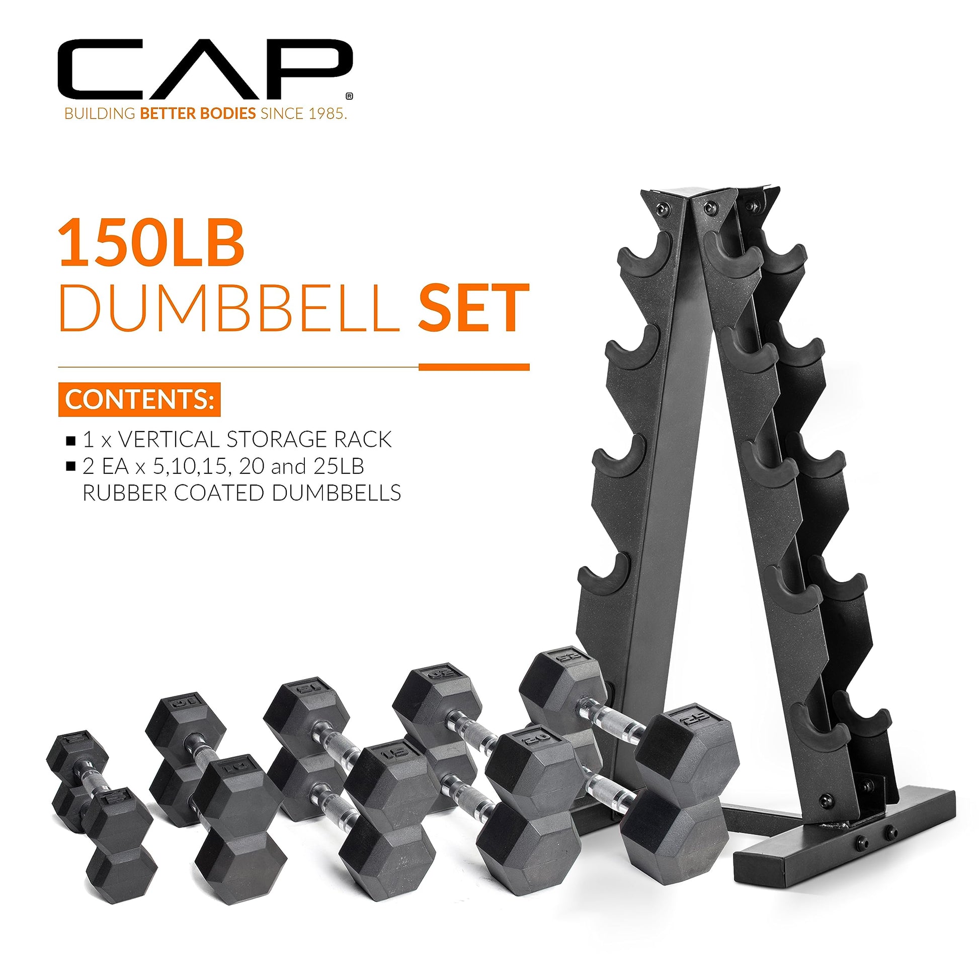 CAP 150lb dumbbell set with vertical storage rack on a white background