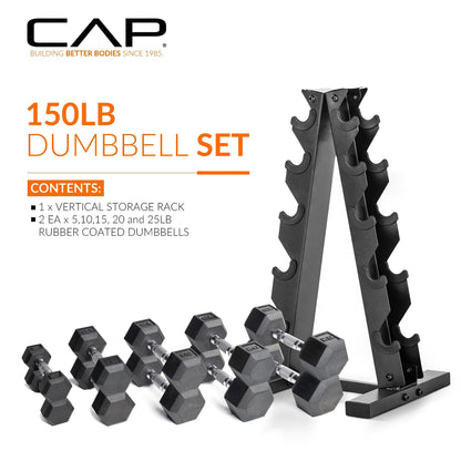CAP 150lb dumbbell set with vertical storage rack on a white background