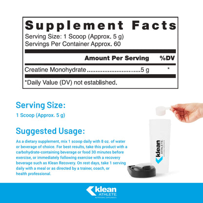 Supplement facts label with a hand holding a scoop and Klean Athlete container.