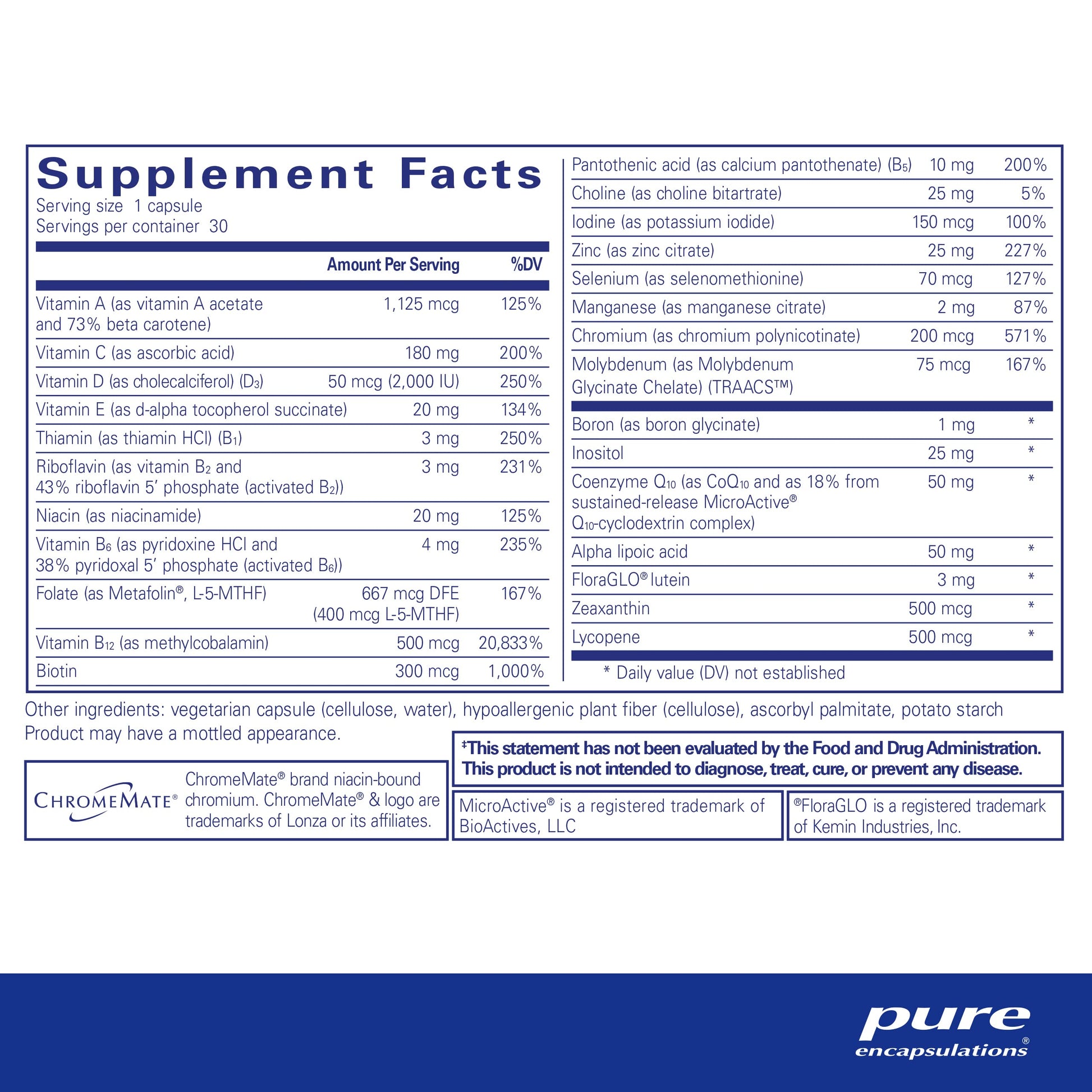 Supplement facts label for pure encapsulations product