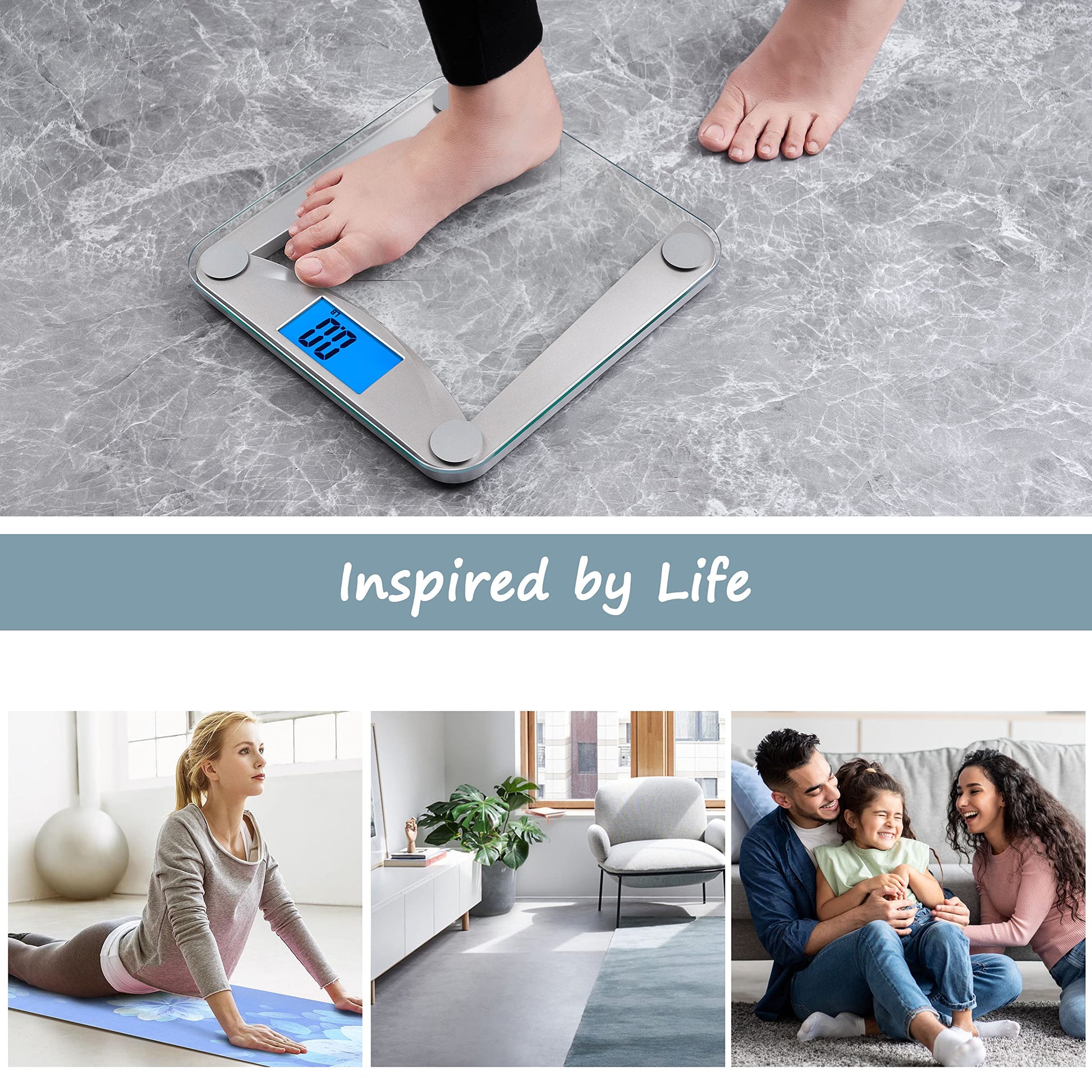 Digital bathroom scale on a marble floor with lifestyle images below.